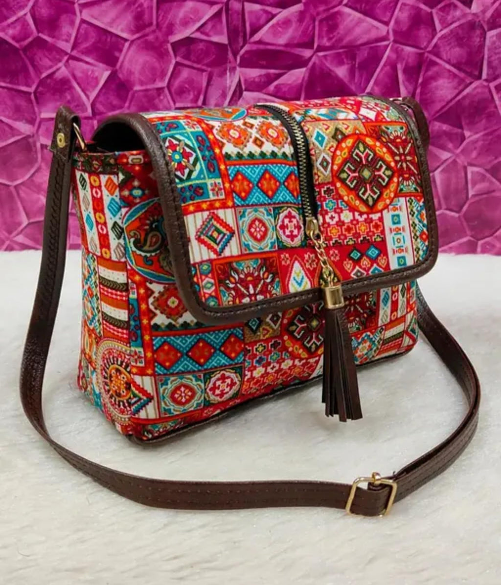Bohemian Crossbody Bag, Geometric Pattern, Brown Leather Trim, Tassel Detail