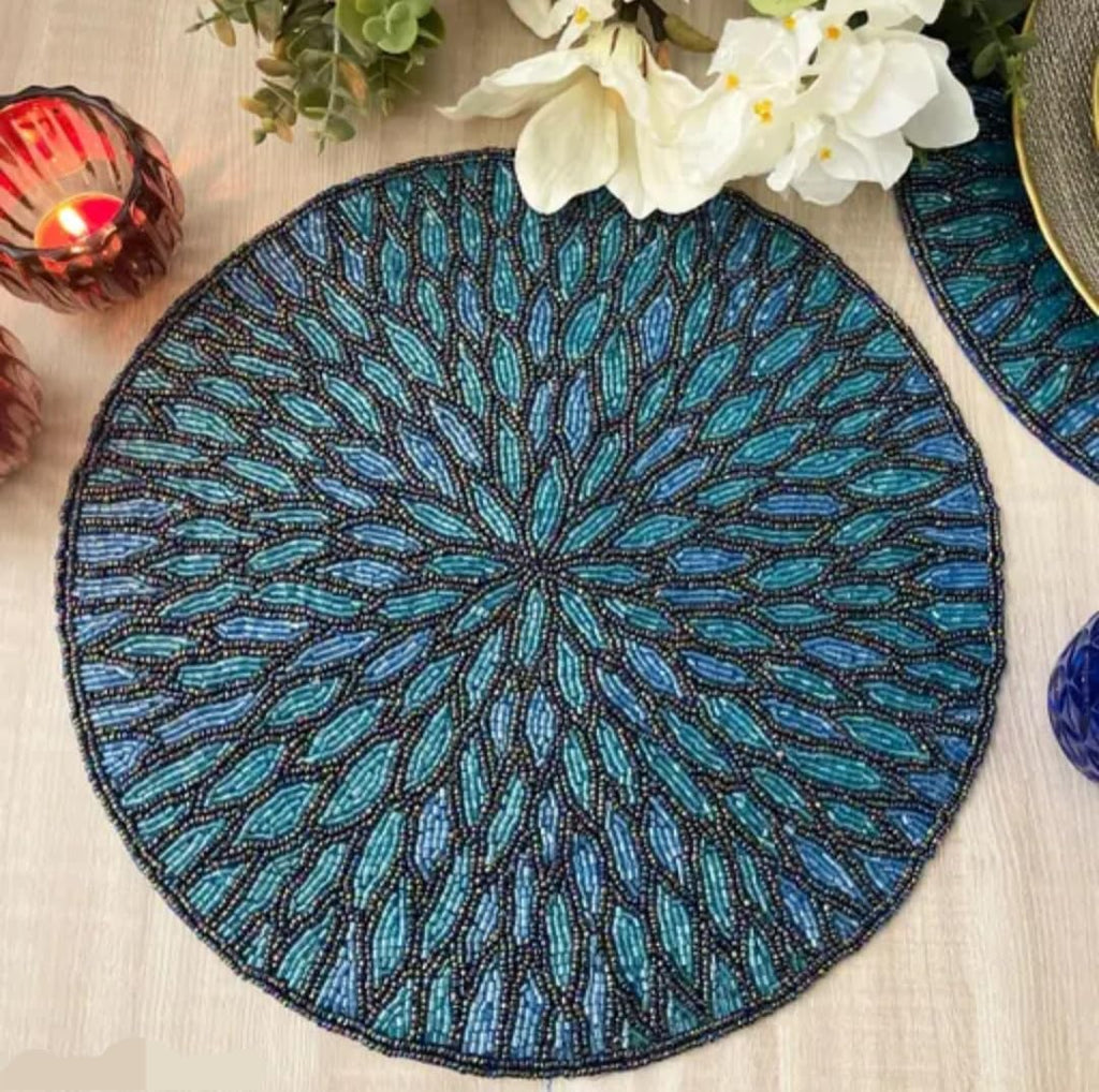 Round Beaded Placemat, Teal and Blue, Handcrafted Floral Burst Design, Decorative Table Mat