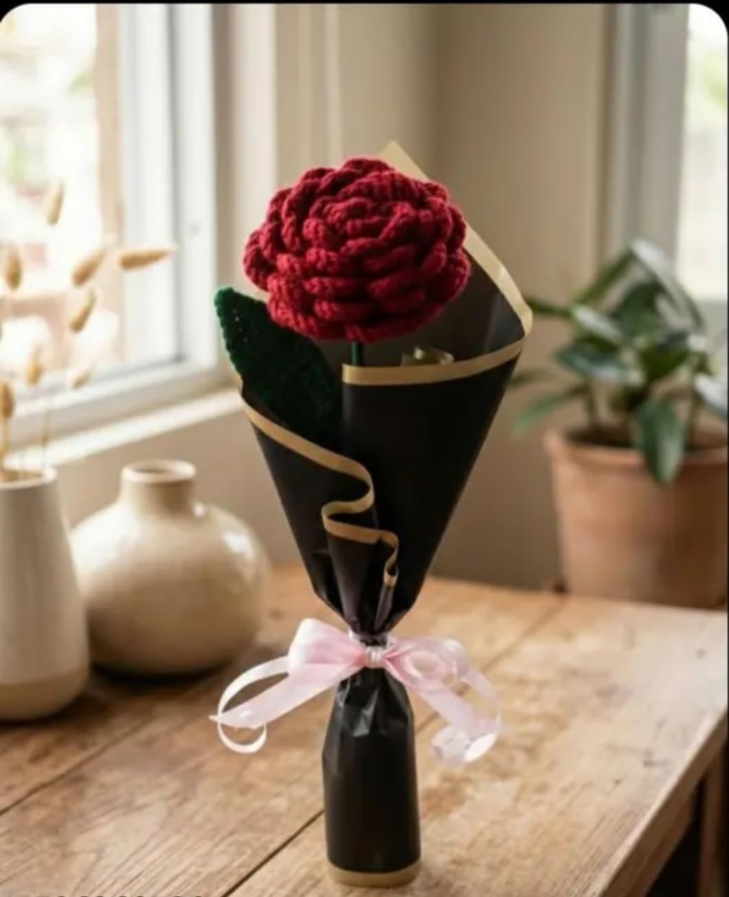 Handmade Crochet Rose Bouquet, Red Flower with Green Leaves, Black Wrapping with Pink Ribbon, Home Decor Gift