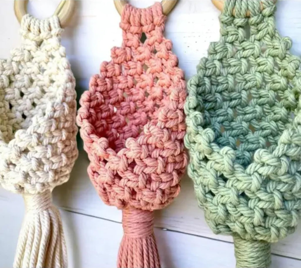 Handmade Macrame plant Hanger, Pastel Green Pink White, Set of 3, Boho Home Decor