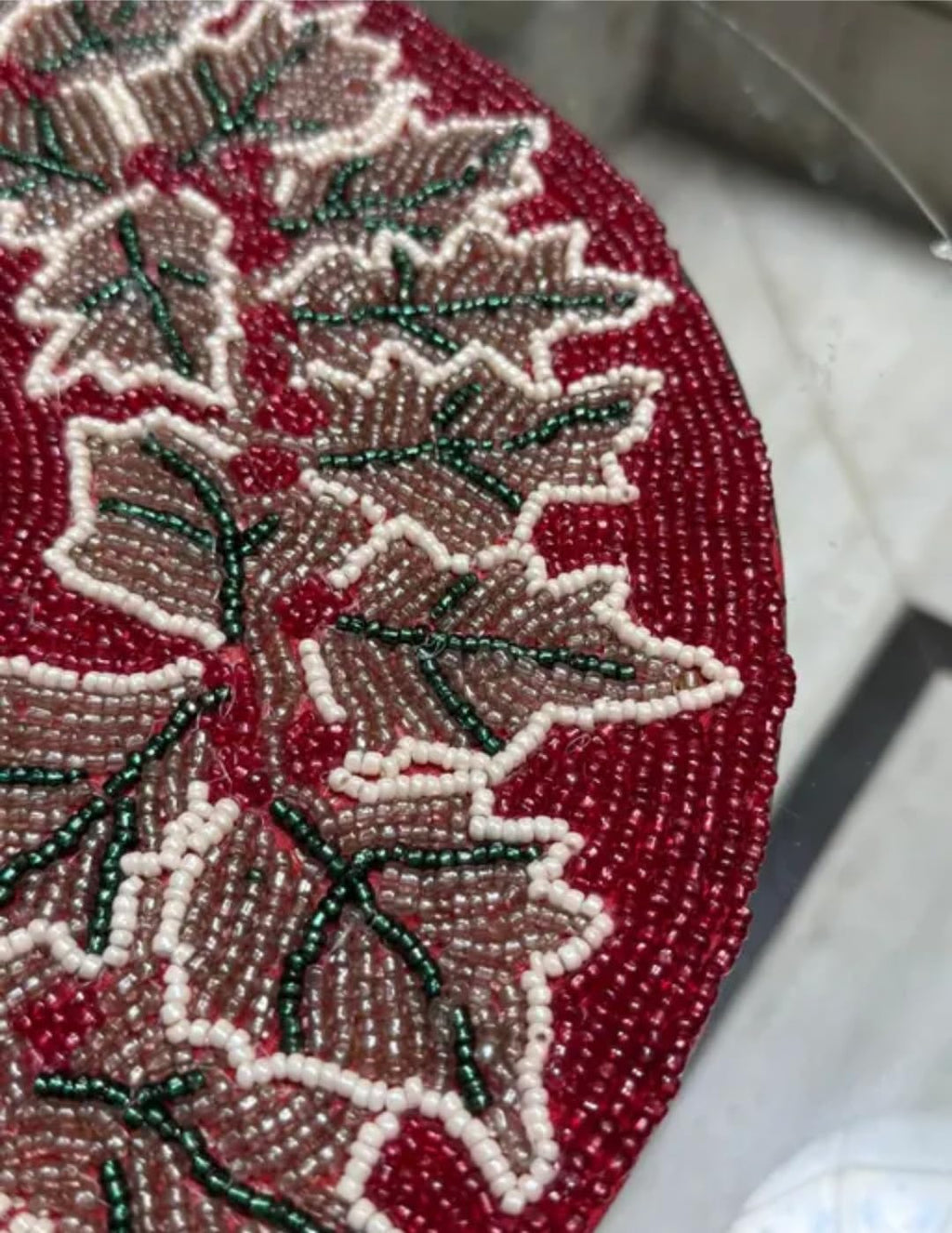 Beaded Round Placemat, Red with Maple Leaf Border, Handcrafted Table Decor