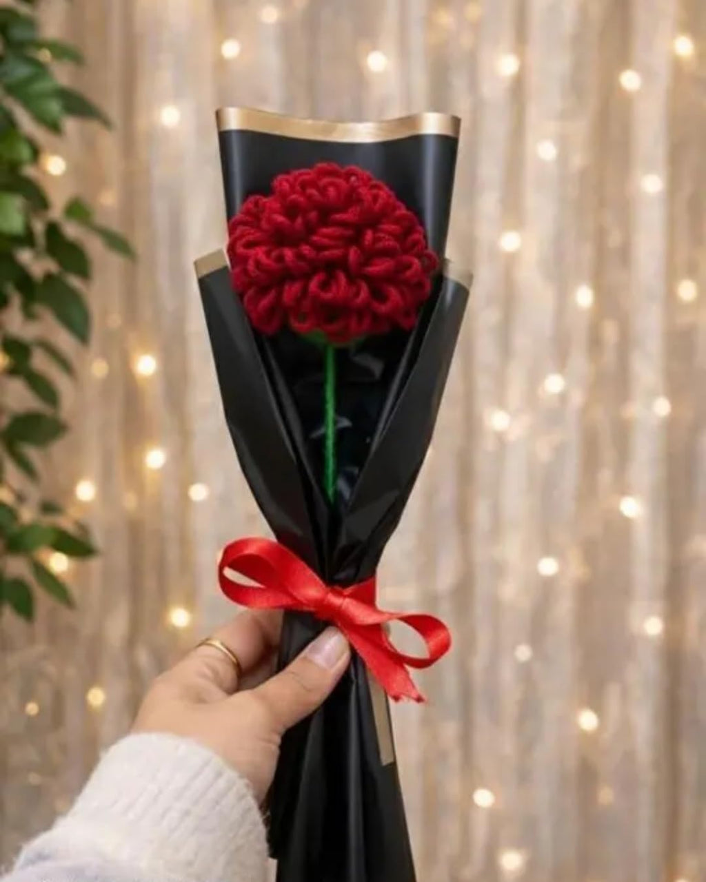 Handmade Crochet Red Flower Bouquet, Single Stem, Black Wrapping with Gold Trim, Red Ribbon