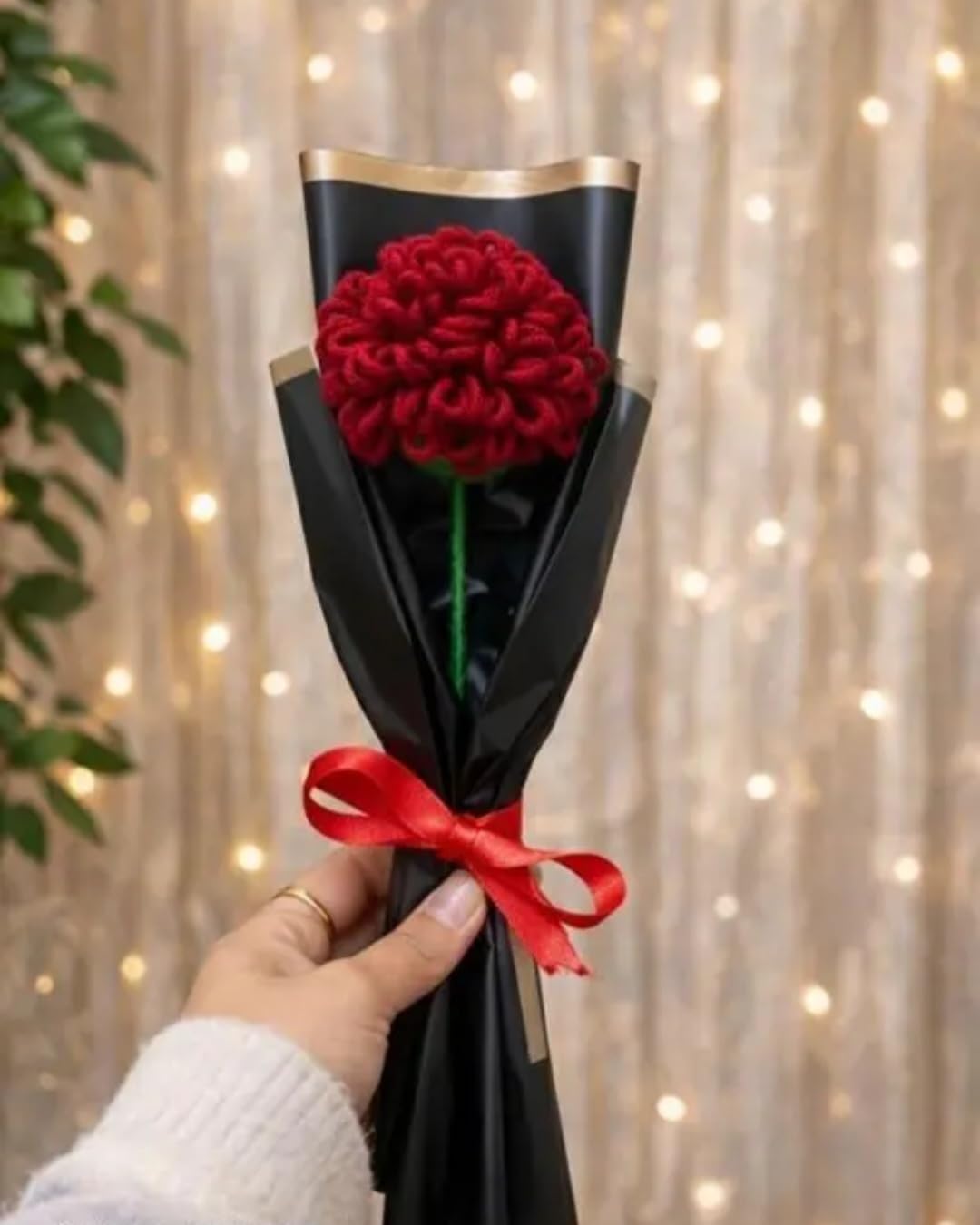 Handmade Crochet Red Flower Bouquet, Single Stem, Black Wrapping with Gold Trim, Red Ribbon