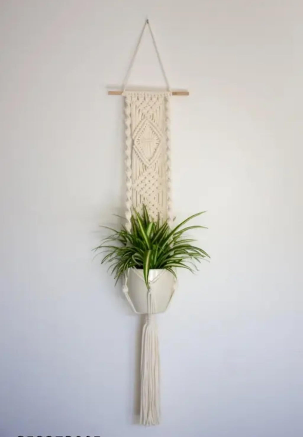 Macrame Plant Hanger Wall Decor, Handwoven Cotton Rope with Wooden Rod, Boho Home Decor, Cream White