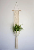 Macrame Plant Hanger Wall Decor, Handwoven Cotton Rope with Wooden Rod, Boho Home Decor, Cream White