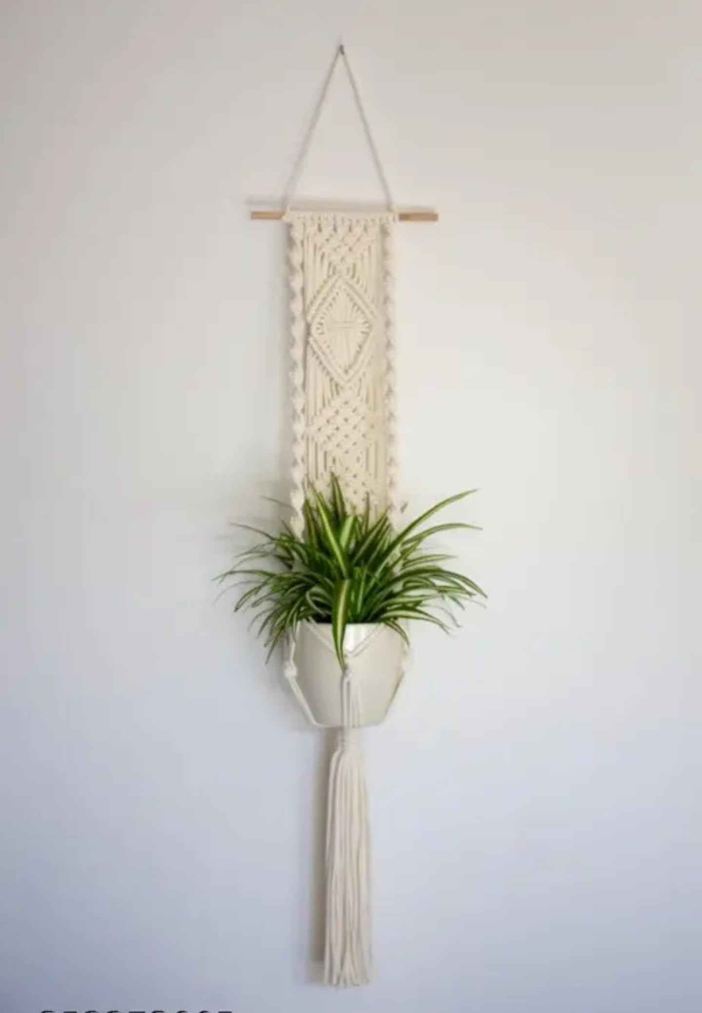 Macrame Plant Hanger Wall Decor, Handwoven Cotton Rope with Wooden Rod, Boho Home Decor, Cream White