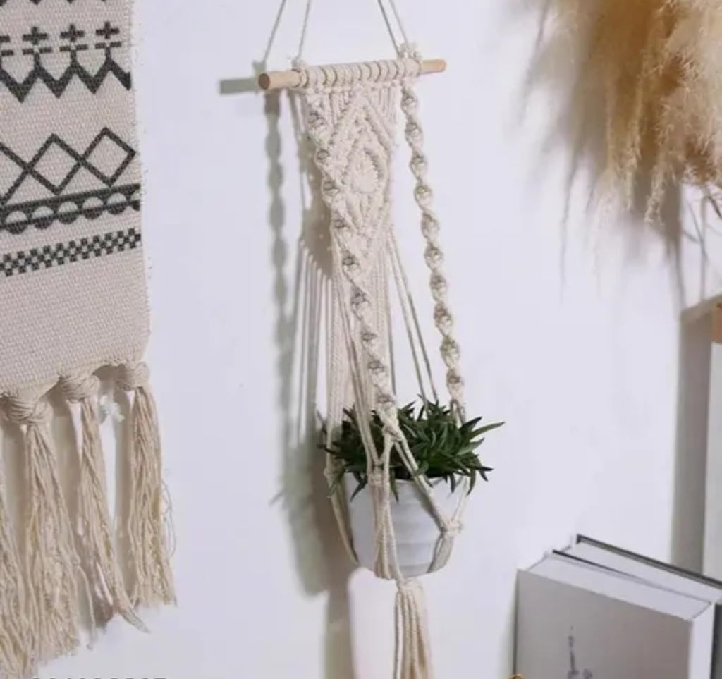 Macrame Plant Hanger Wall Hanging, Boho Woven Cotton Rope with Wooden Rod, Decorative Planter Holder, White