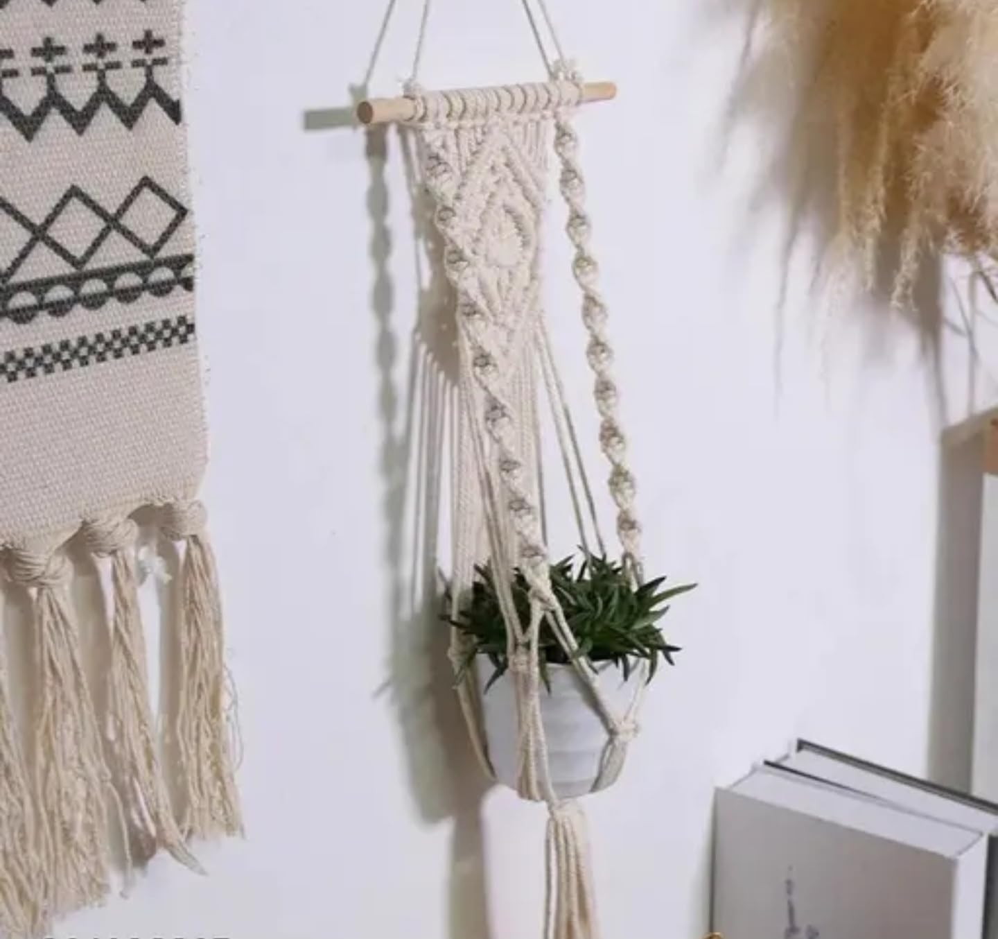 Macrame Plant Hanger Wall Hanging, Boho Woven Cotton Rope with Wooden Rod, Decorative Planter Holder, White