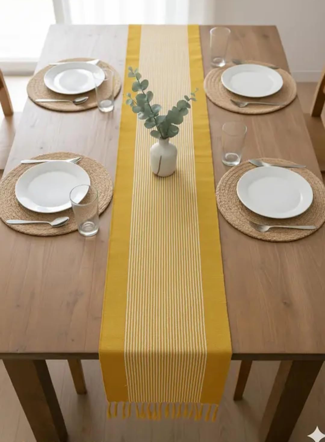 Woven Table Runner, Mustard Yellow, Fringed Ends, Minimalist Style, Dining Table Decor