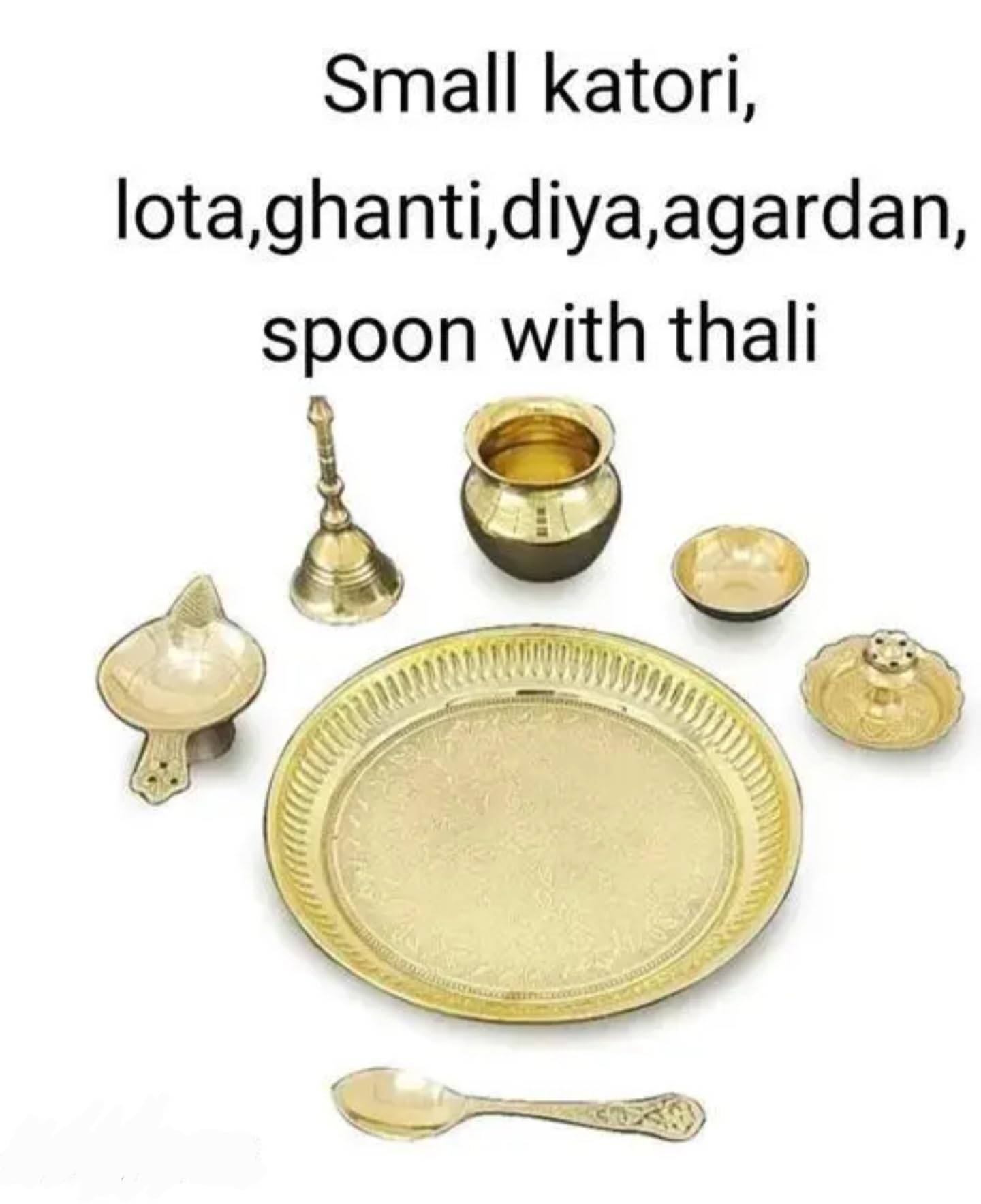 Traditional Gold Plated Brass Pooja Thali Set with Spoons, Decorative Religious Prayer Plate, Oval Shape, Antique Design