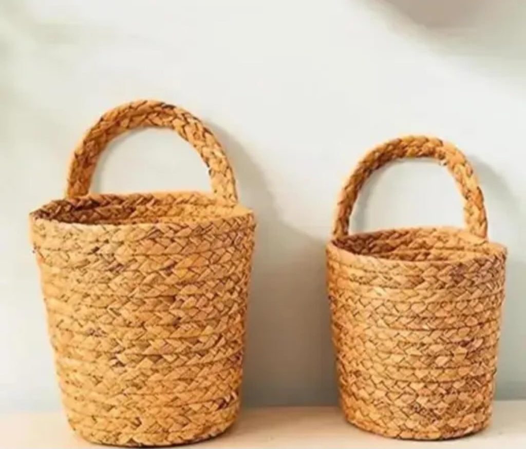 Handwoven Seagrass Wall Planters, Set of 2, Natural Woven Baskets with Artificial Yellow Flowers and Eucalyptus