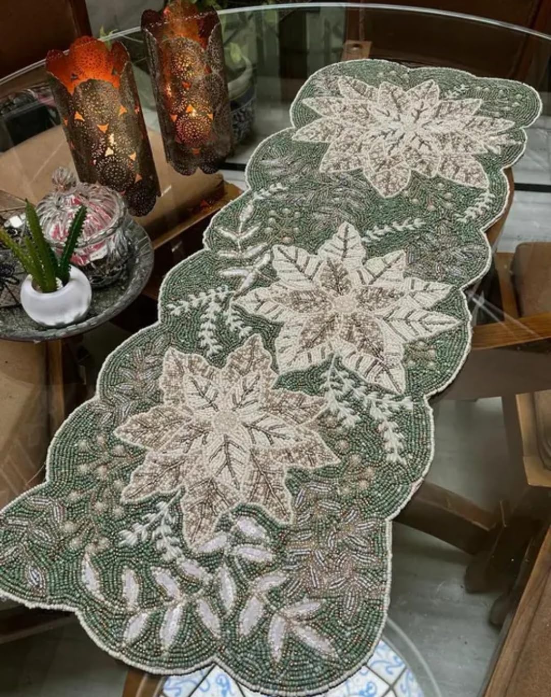 Beaded Table Runner, Green and White, Floral Poinsettia Design, Scalloped Edge, Holiday Decor