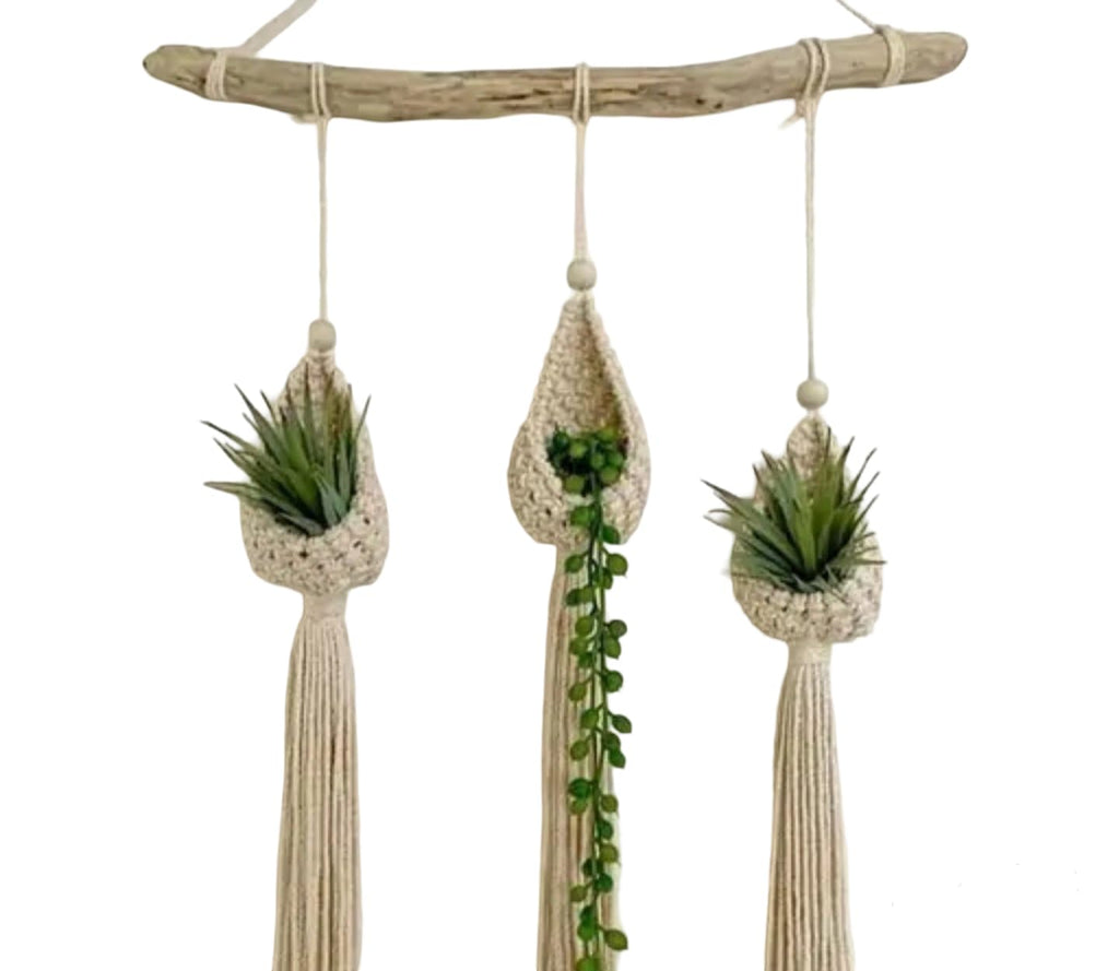Macrame Plant Hangers with Driftwood Wall Mount, 3-Piece Set, Decorative Hanging Planters with Tassels, Cream