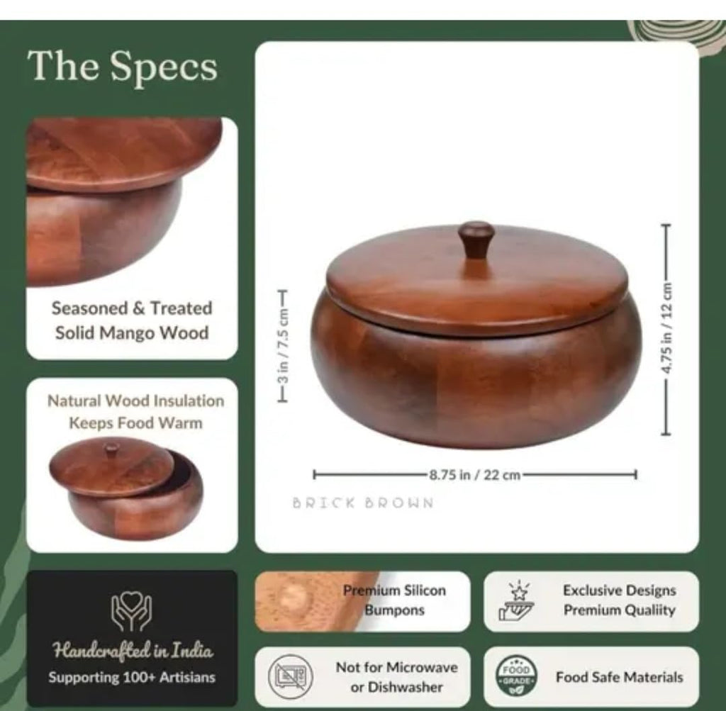 Wooden Bowl with Lid, Brown, Natural Wood, Round Shape, Storage Container