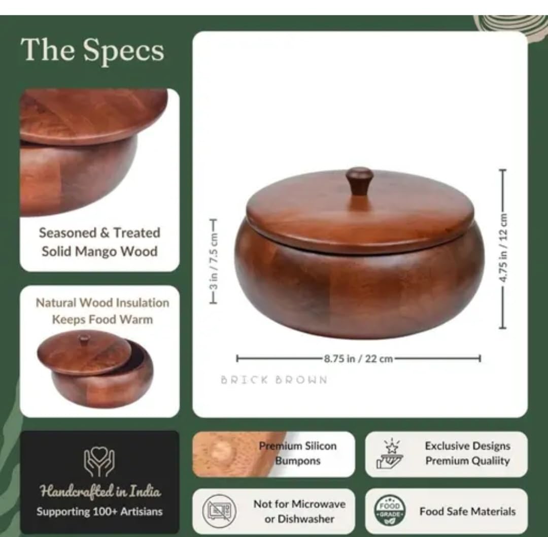 Wooden Bowl with Lid, Brown, Natural Wood, Round Shape, Storage Container