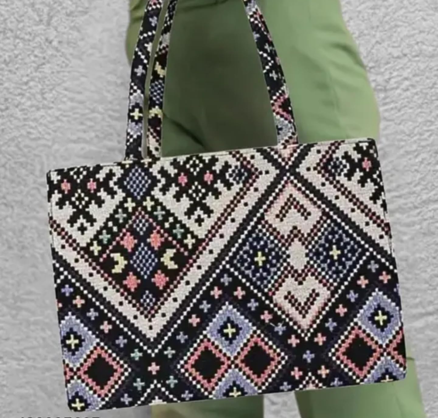 Geometric Pattern Canvas Tote Bag, Black and White Print with Pastel Accents