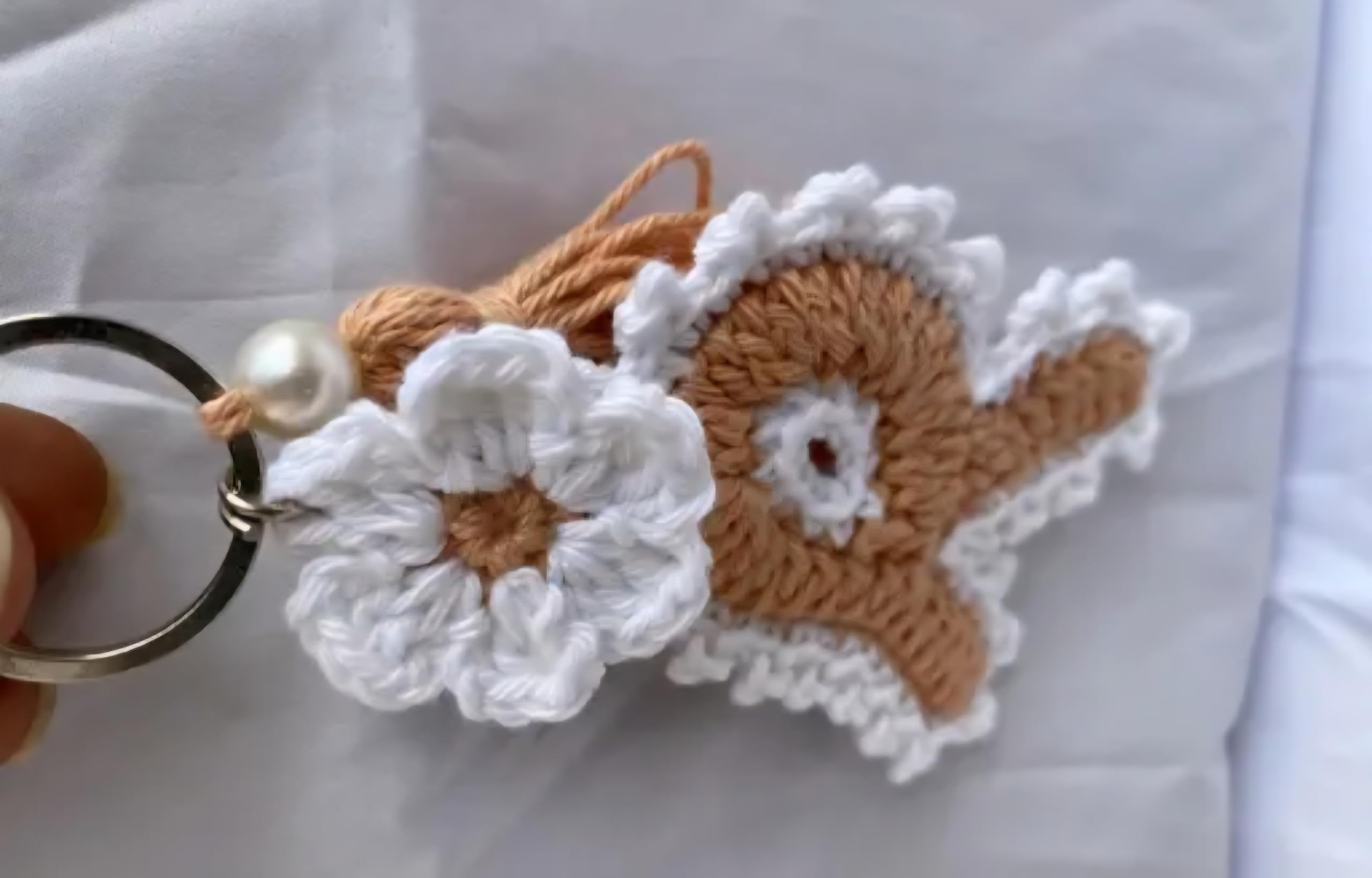 Handmade Crochet Bunny Keychain with Flower, Brown and White, Tassel Charm