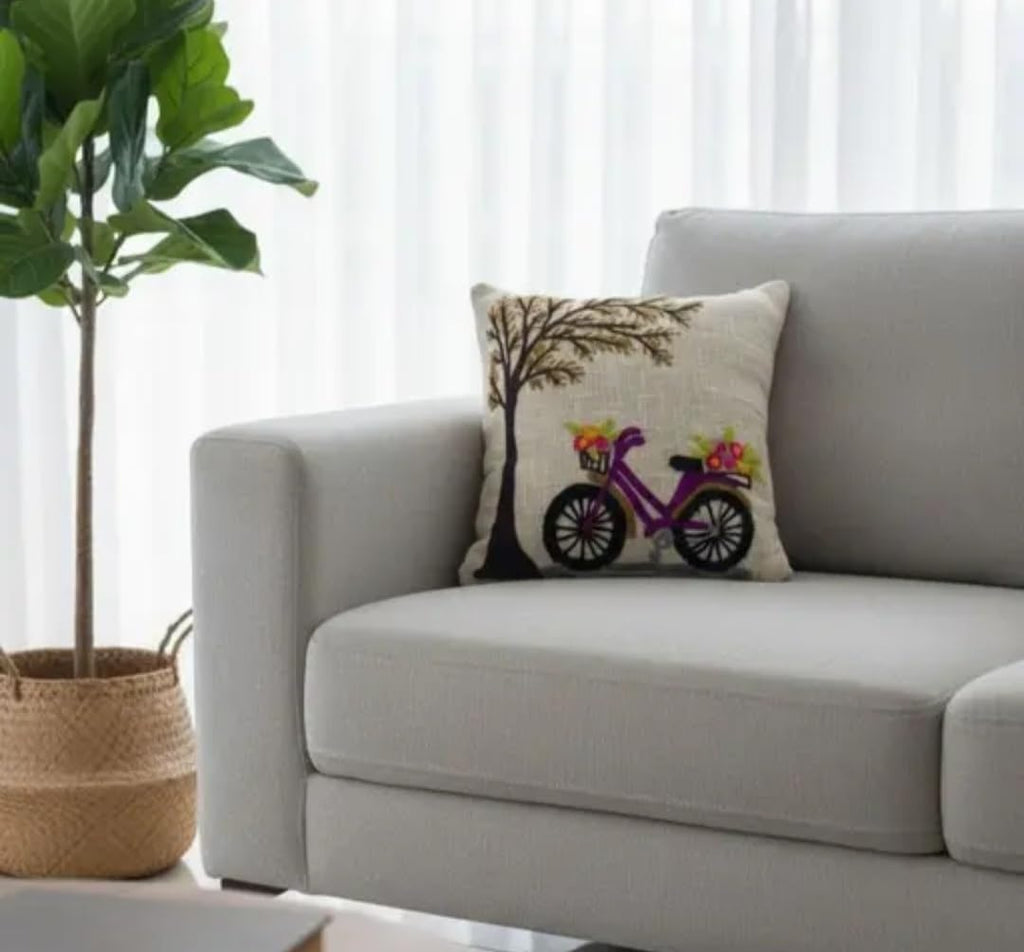 Handcrafted Embroidered Throw Pillow Cover, Bicycle with Flowers and Tree Design, Beige Linen, Decorative Cushion Cover