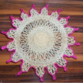 Round Jute Rug with Pink Border, Handwoven Sun Shape, Boho Style Floor Mat