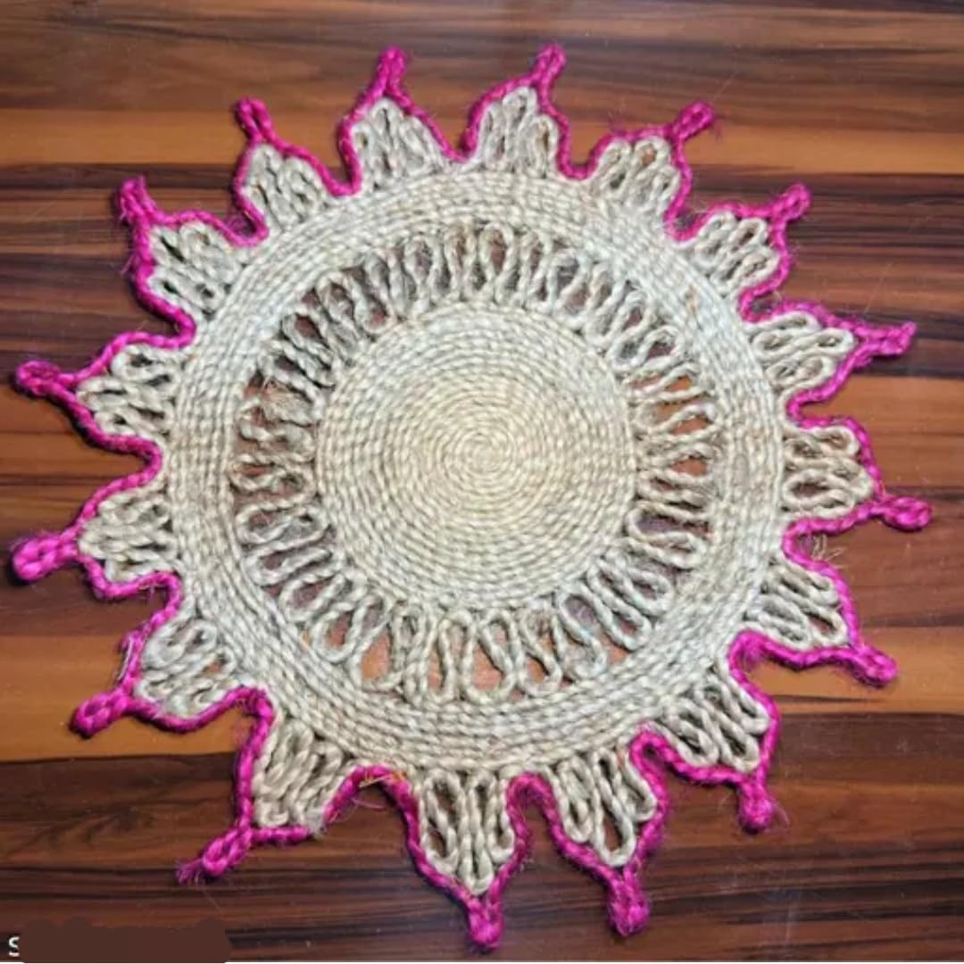 Round Jute Rug with Pink Border, Handwoven Sun Shape, Boho Style Floor Mat