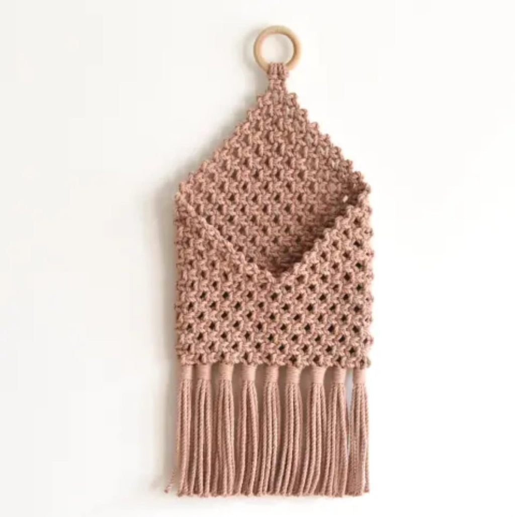 Handmade Macramé Wall Hanging Pocket with Ring, Blush Pink, Decorative Woven Storage with Fringe