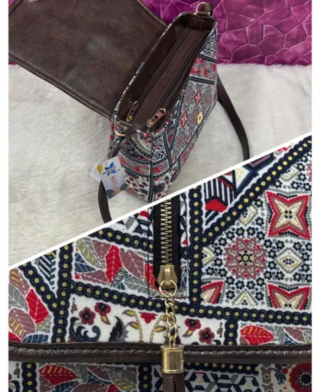 Bohemian Floral Crossbody Bag, Geometric Print, Brown Leather Trim, Tassel Detail, ethnic