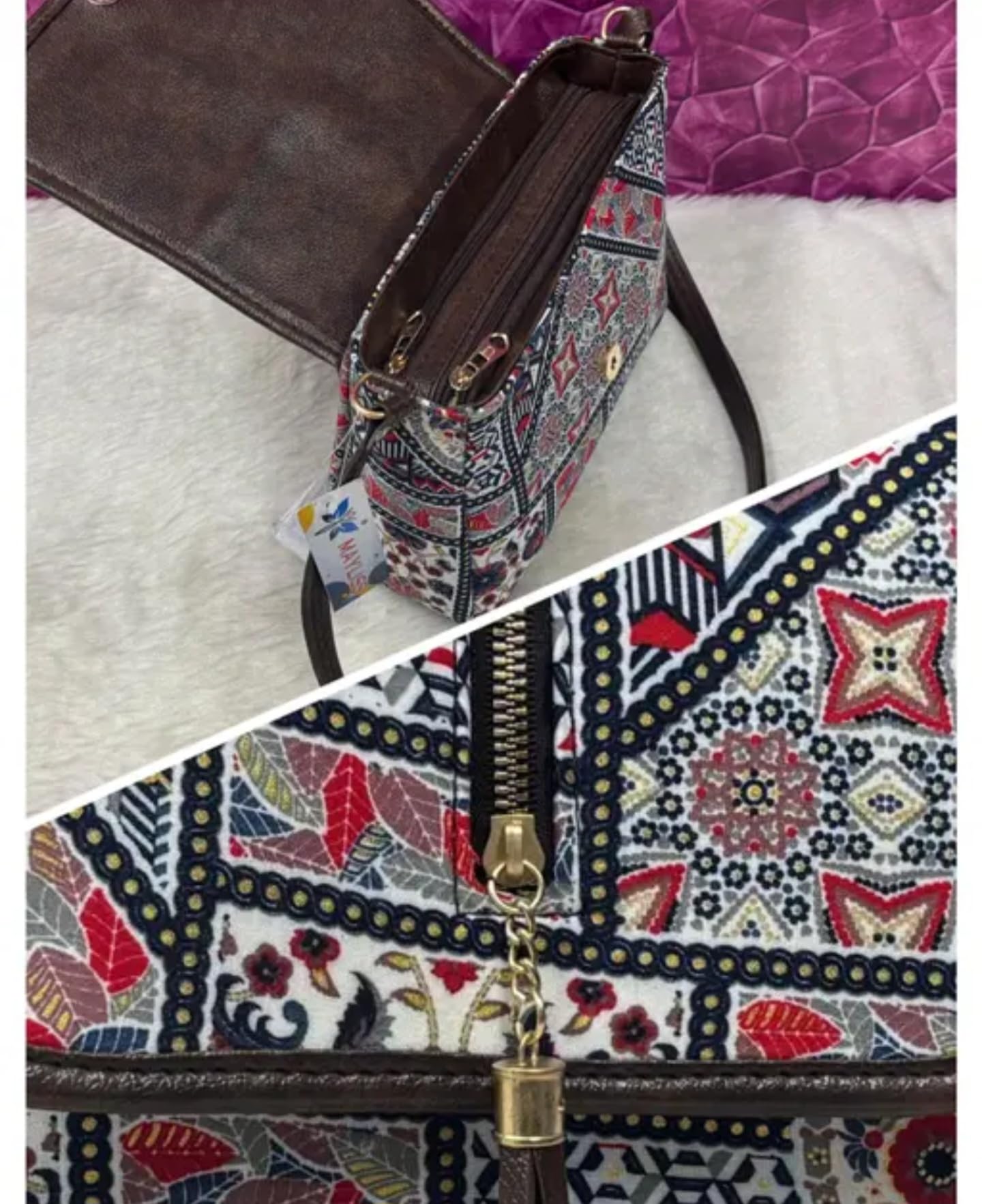 Bohemian Floral Crossbody Bag, Geometric Print, Brown Leather Trim, Tassel Detail, ethnic
