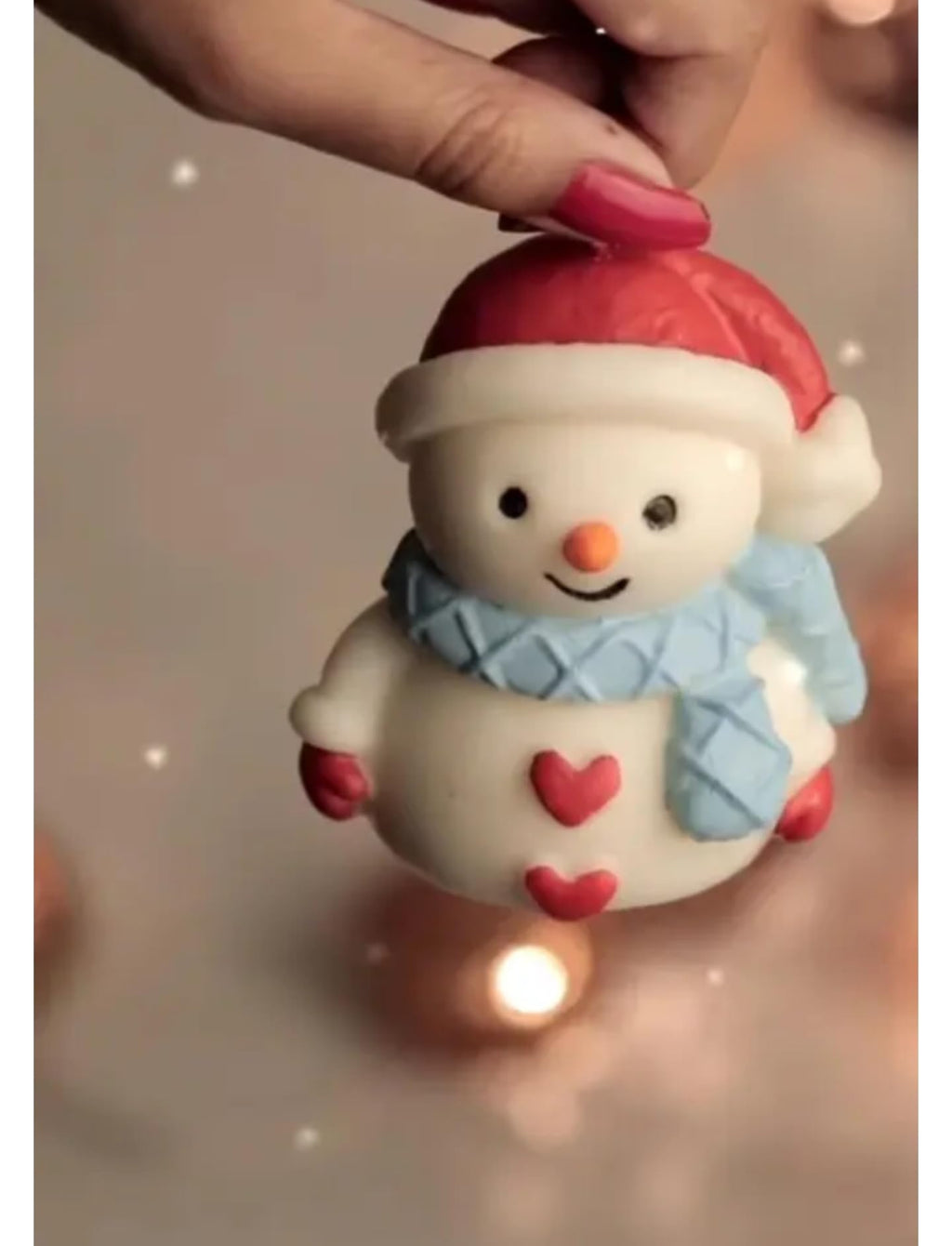 Decorative Snowman Candle with Santa Hat, Blue Scarf, Heart Design, White
