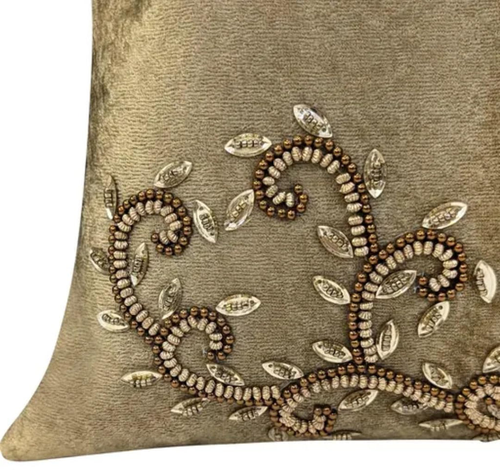 Handmade Velvet Lumbar Throw Pillow Cover, Beige, Embroidered Floral Scroll Design, Decorative Cushion Cover, Set of 2