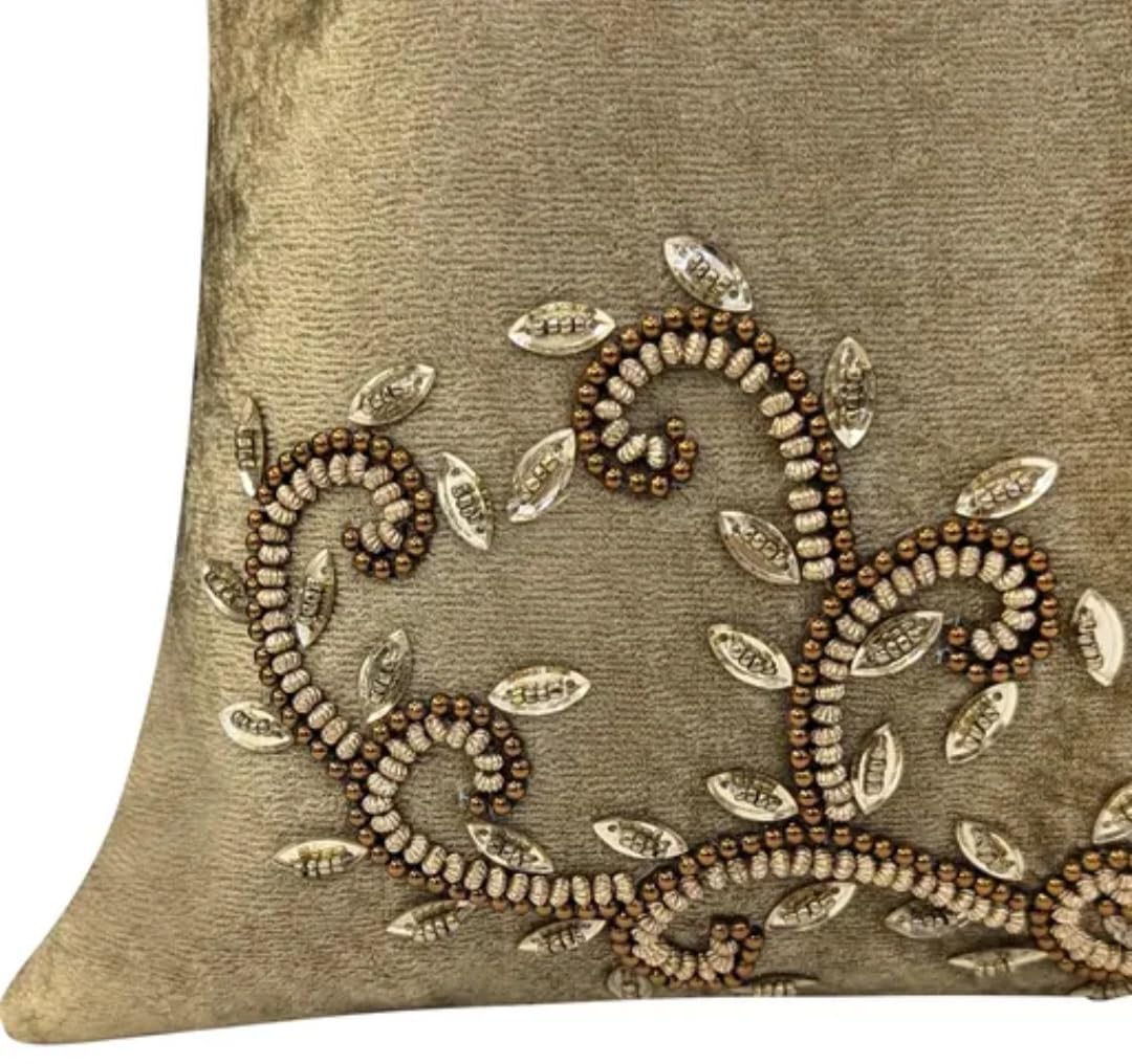 Handmade Velvet Lumbar Throw Pillow Cover, Beige, Embroidered Floral Scroll Design, Decorative Cushion Cover, Set of 2
