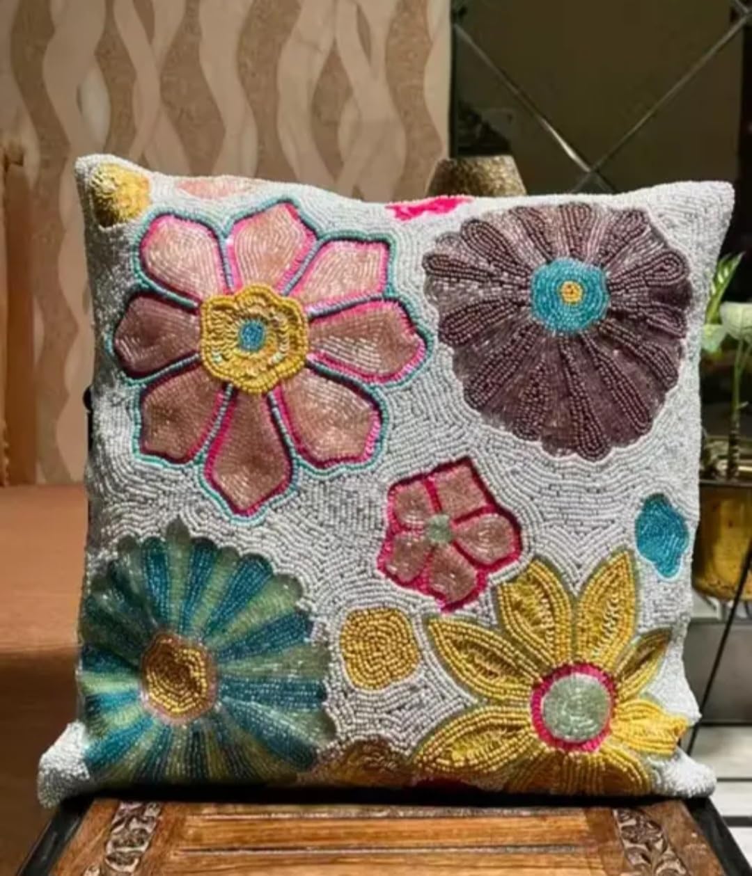 Beaded Floral Throw Pillow Cover, Multicolor, Handcrafted Embroidered Cushion Cover, Boho Floral Design
