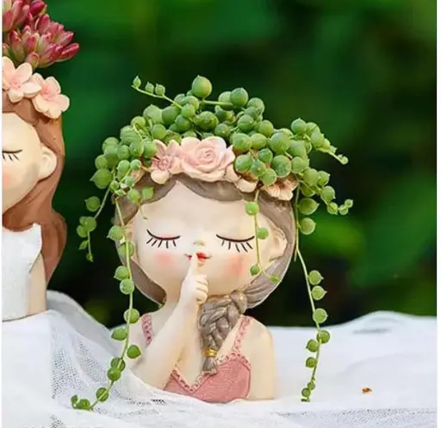 Decorative Succulent Planter, Whimsical Flower Crown Design, Pink and White Resin Plant Pot, Indoor Garden Decor