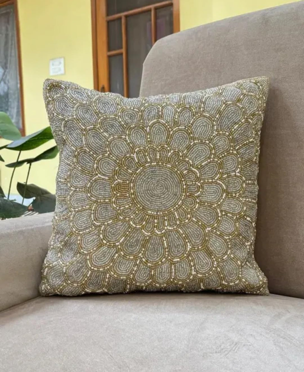 Beaded Mandala Floral Throw Pillow Cover, Gold and Silver, Decorative Handmade Cushion Cover for Sofa