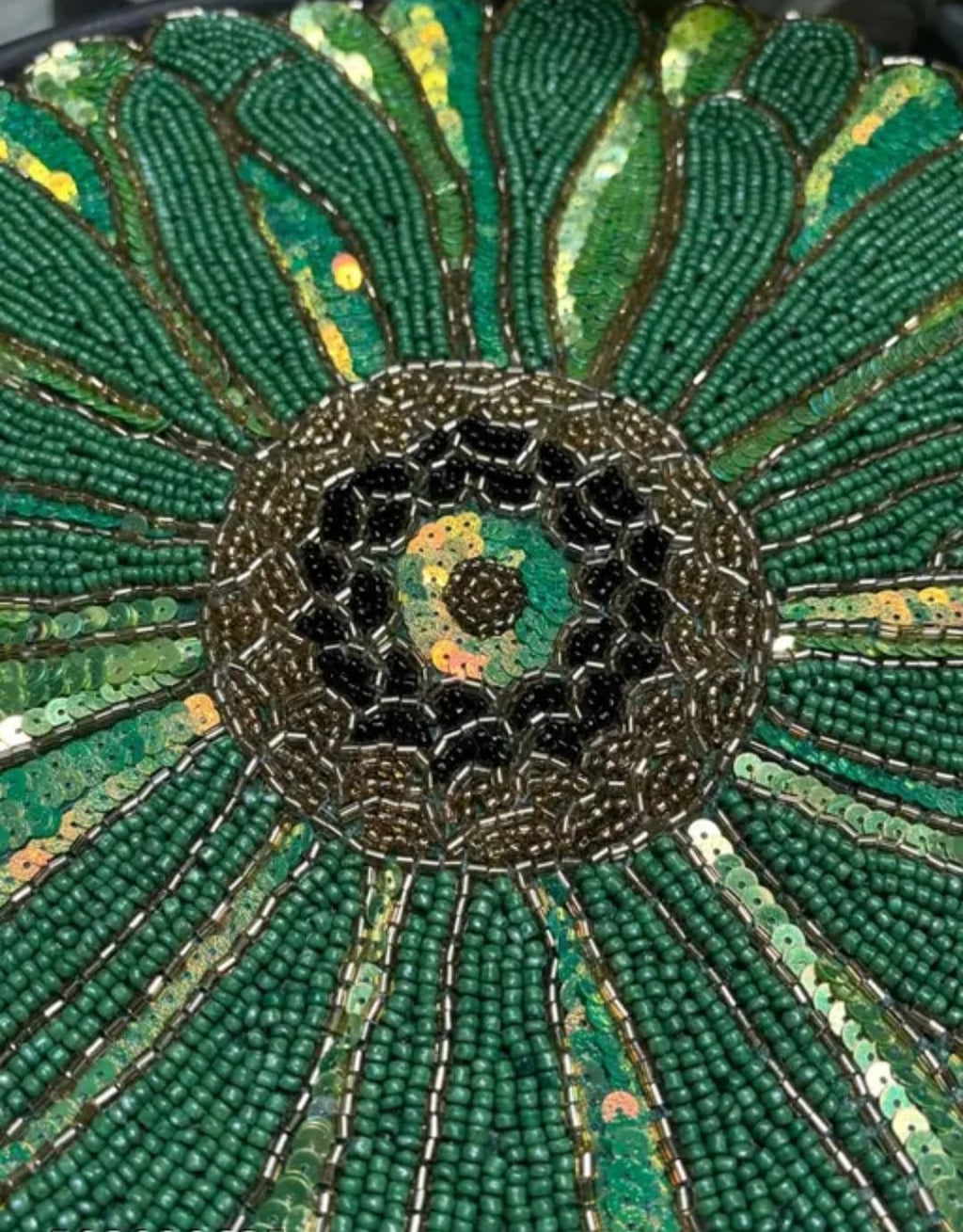 Beaded Flower Placemat, Green, Round, Sequin Embellished, Floral Design, Table Decor