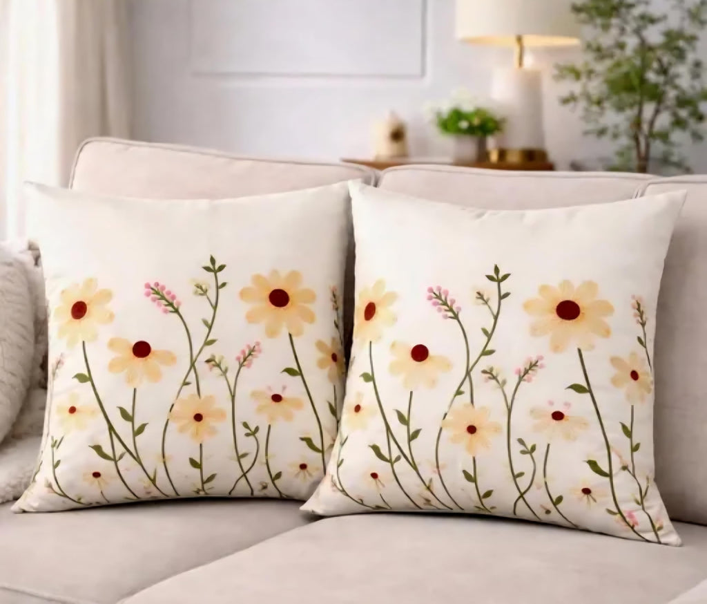 Floral Hand Embroidered Throw Pillow Cover, White, Daisy Print, Square, Decorative Cushion Cover for Sofa, 1 piece