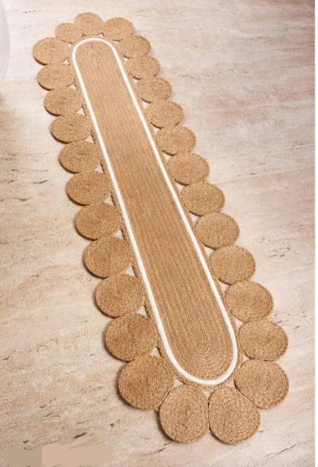 Braided Jute Runner Rug, Natural Tan, Oval Shape, Circular Medallion Border, Boho Style, Handwoven
