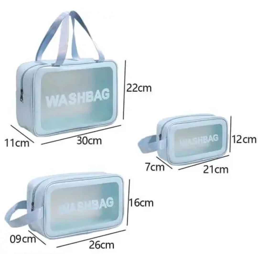 Clear Travel Toiletry Bag Set of 3, Blue, Transparent Window Wash Bags with Zipper and Handle