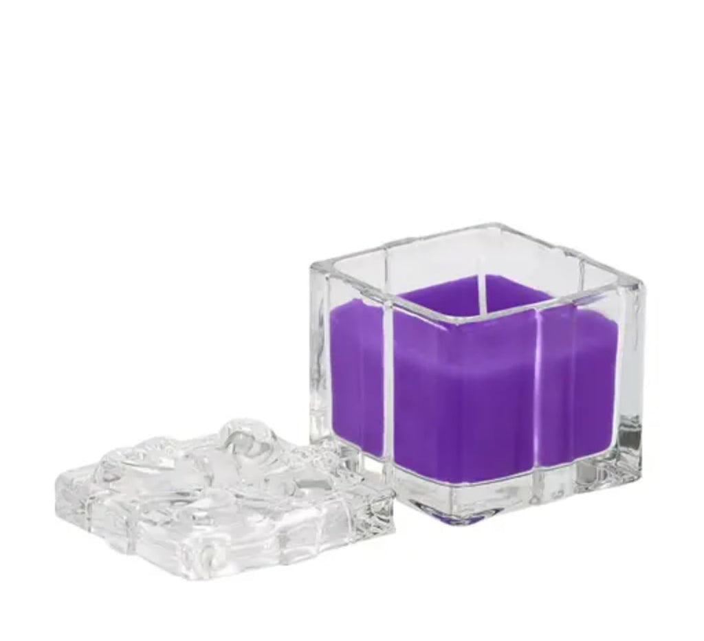 Crystal Glass Scented Candle, Purple, Square Holder with Textured Base, Decorative Accent for Home