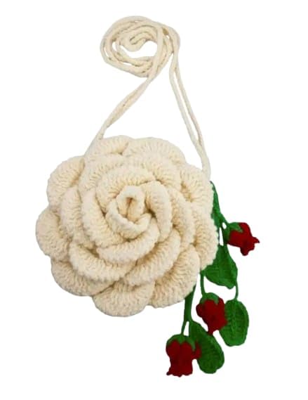 Crochet Rose Crossbody Bag, Cream with Red Floral Accents, Handmade Knit Purse