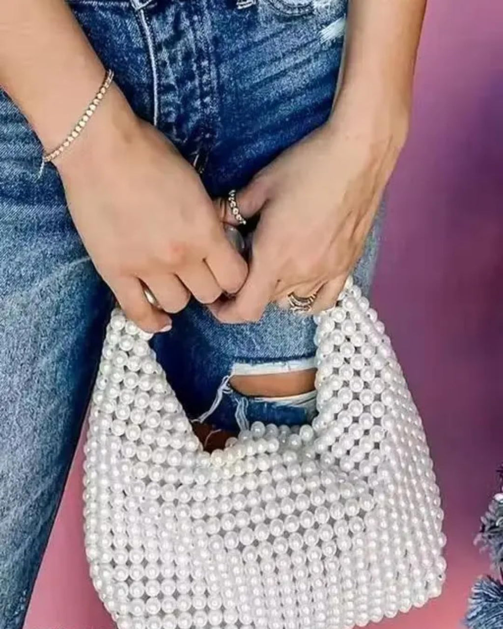 Pearl Beaded Handbag, White, Elegant Clutch Purse, Handcrafted Tote Bag for Women