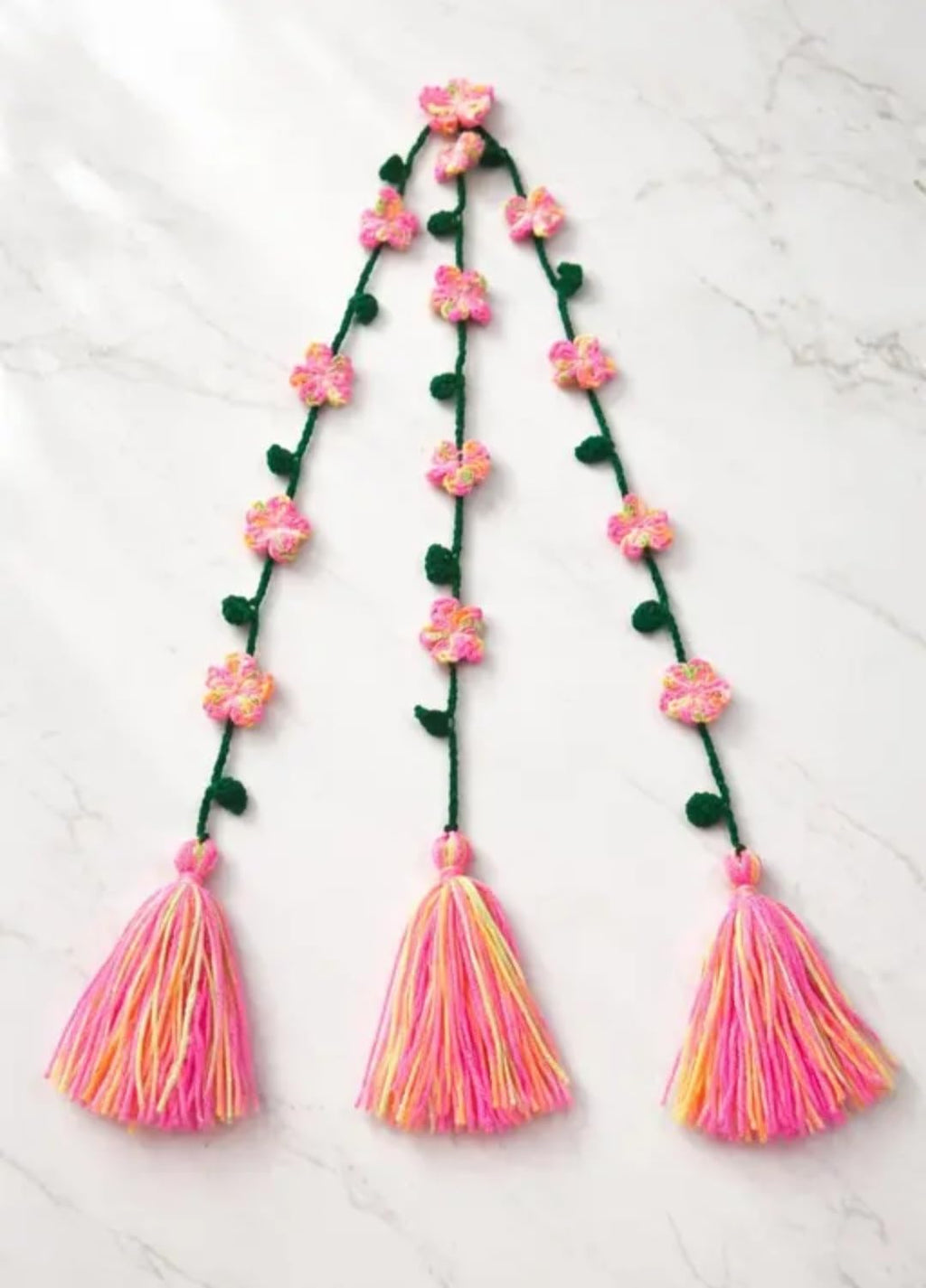 Floral Braid Hair Accessory with Pink Flowers, Green Yarn, Tassels, Festive Indian Style
