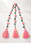 Floral Braid Hair Accessory with Pink Flowers, Green Yarn, Tassels, Festive Indian Style