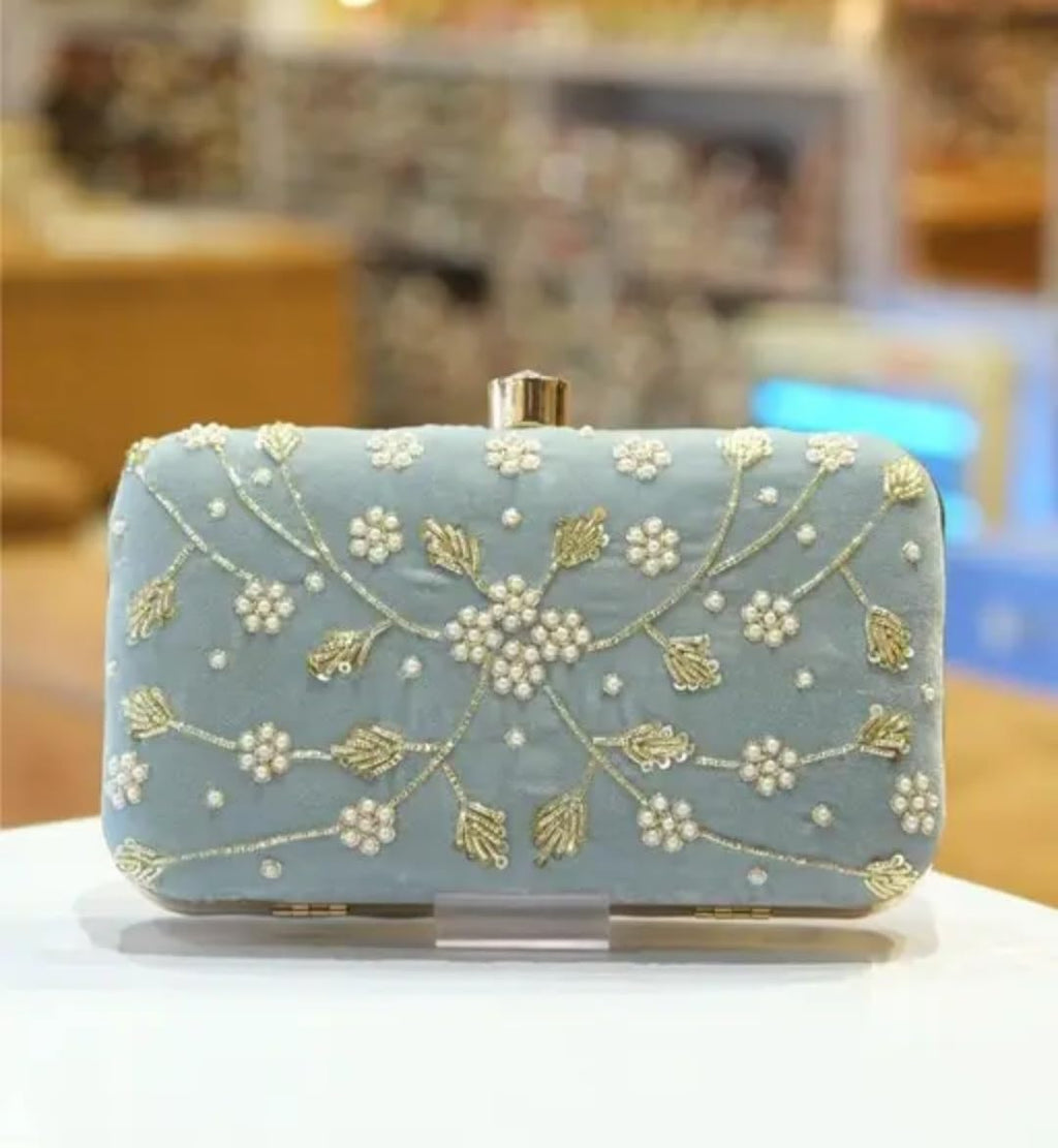 Embroidered Clutch Bag, Light Blue, Pearl Beaded Floral Design, Gold Accents, Evening Purse
