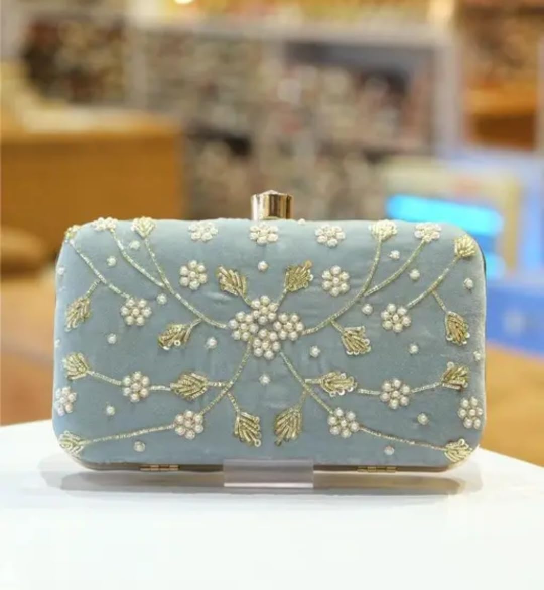 Embroidered Clutch Bag, Light Blue, Pearl Beaded Floral Design, Gold Accents, Evening Purse