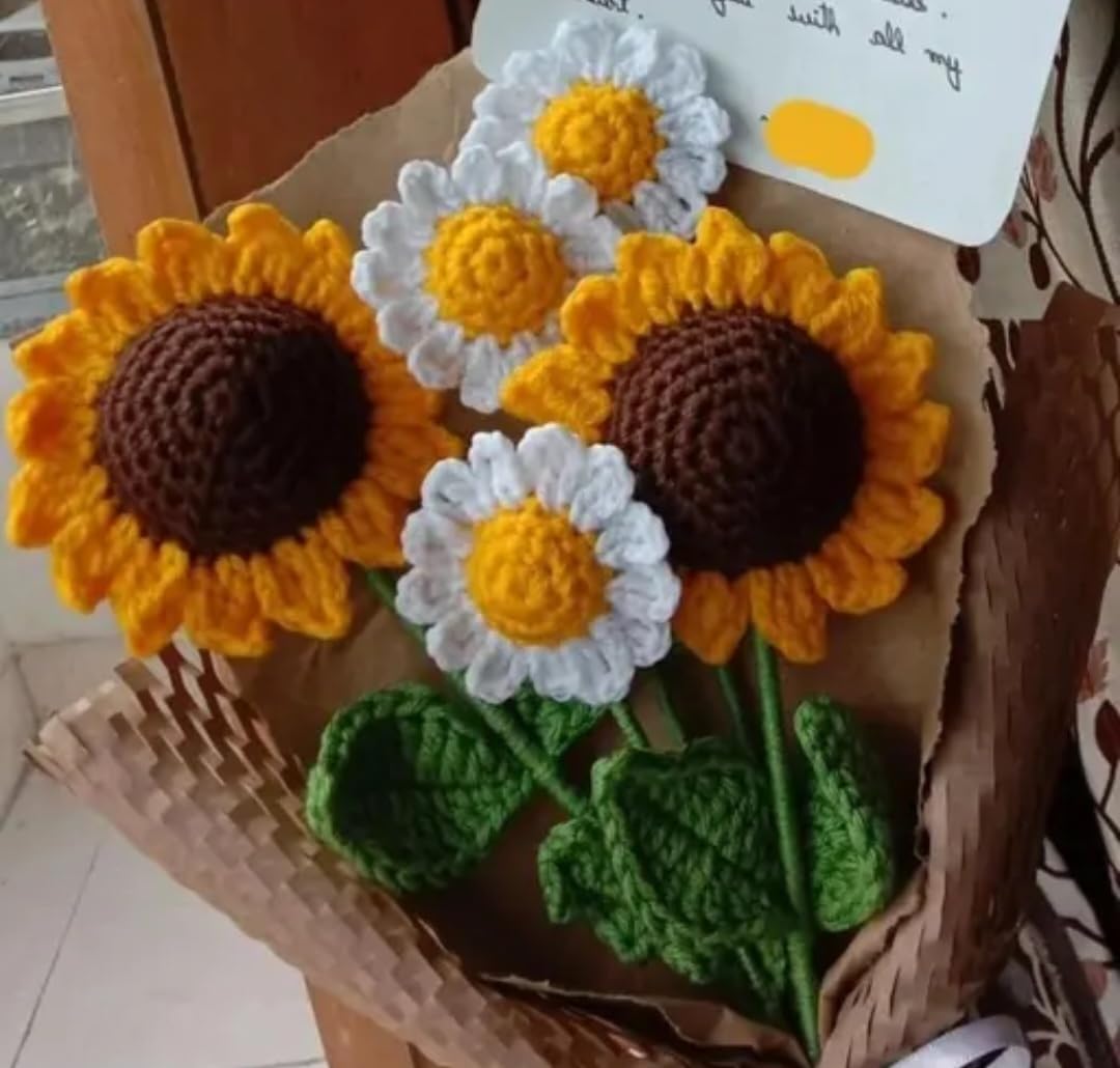 Handmade Crochet Flower Bouquet, Sunflowers and Daisies with Green Leaves, Woven Basket