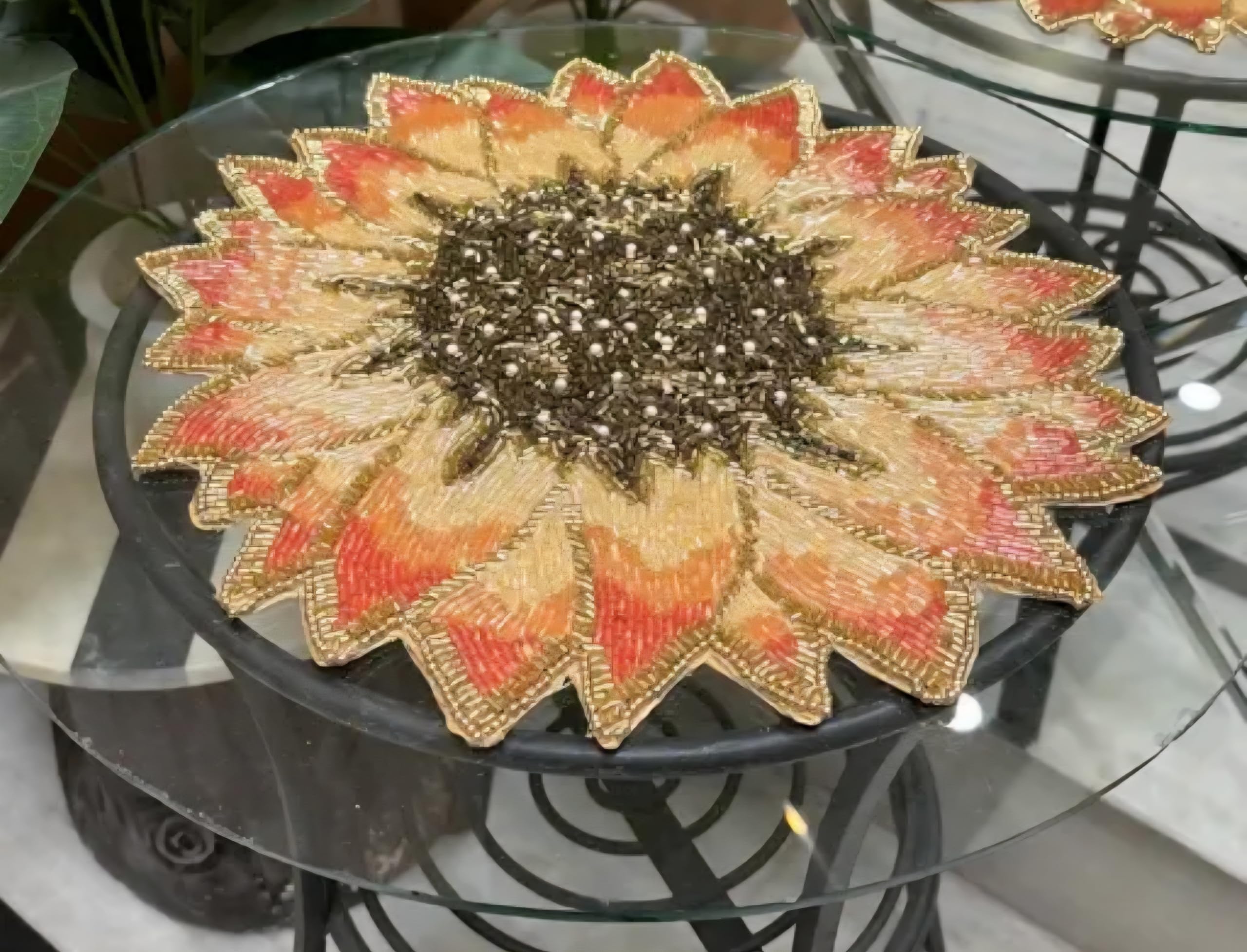 Beaded Sunflower Decorative Placemat, Gold and Coral, Floral Table Decor