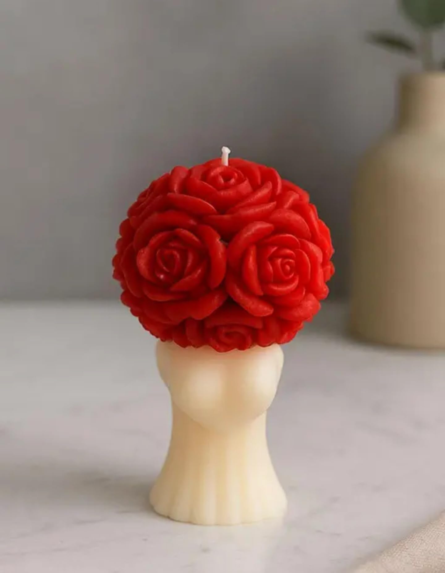Decorative Red Rose Ball Candle, Handcrafted Floral Design, Cream Ceramic Base, Romantic Home Decor