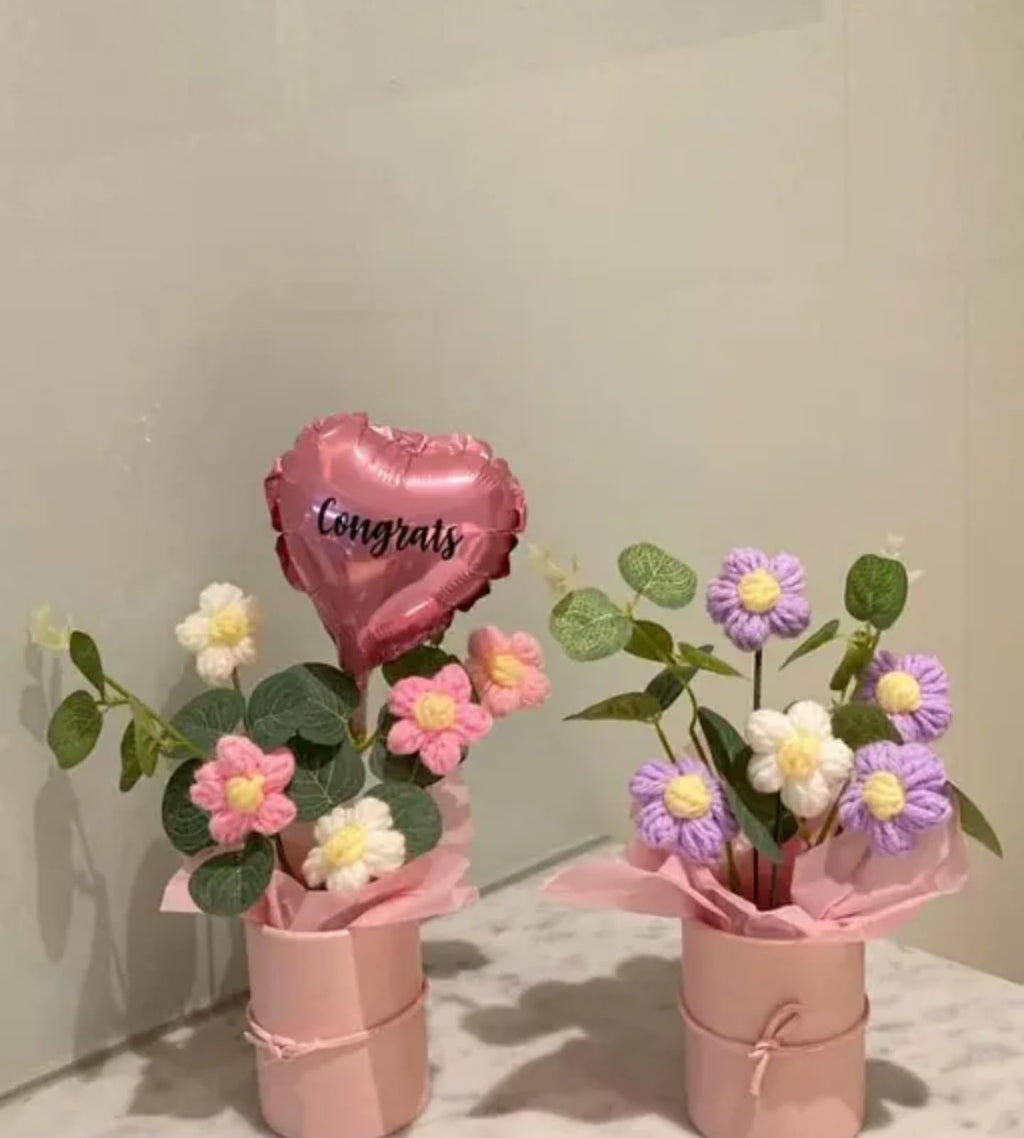 Handcrafted Crochet Flower Bouquet, Purple and White Daisies with Green Leaves in Pink Vase, Decorative Artificial Floral Arrangement