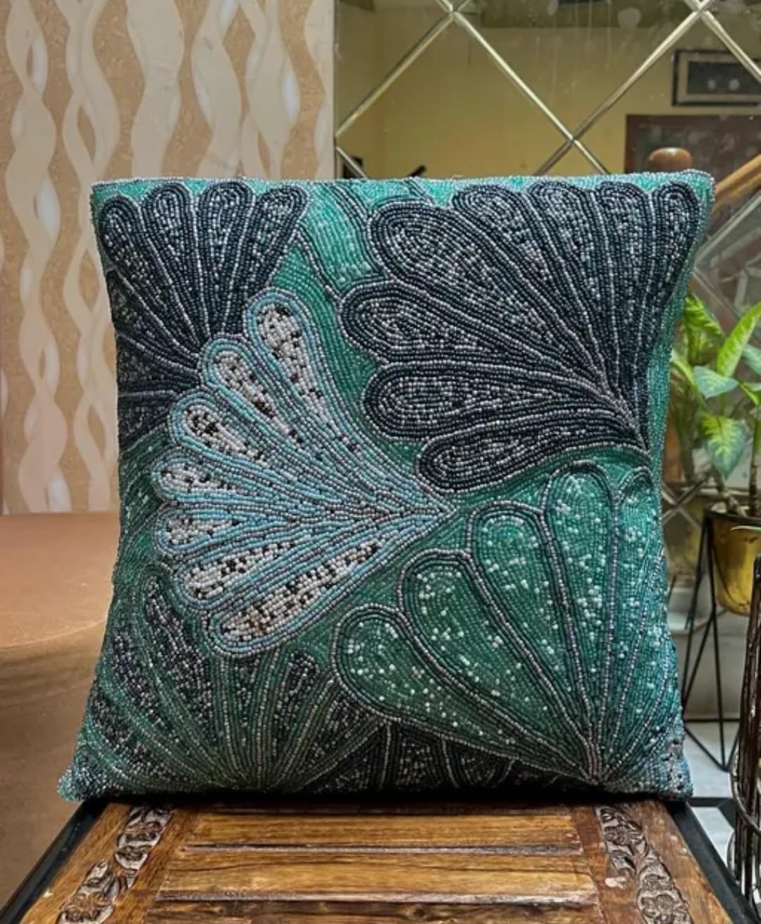 Beaded Peacock Decorative Throw Pillow Cover, Turquoise and Grey, Handcrafted Design