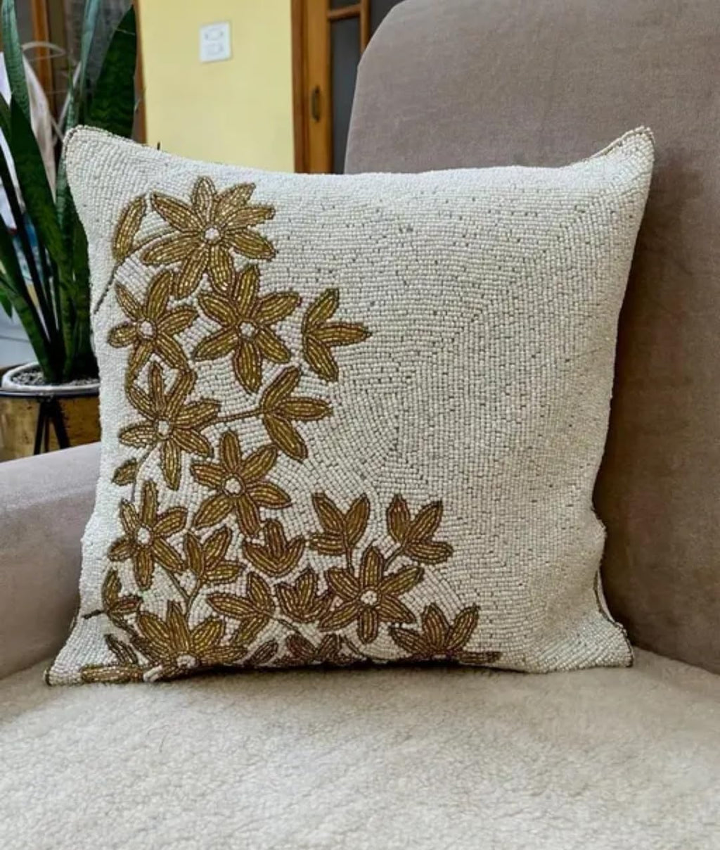 Beaded Throw Pillow Cover, Ivory and Gold Floral Embroidered Cushion Cover, Decorative Square Accent